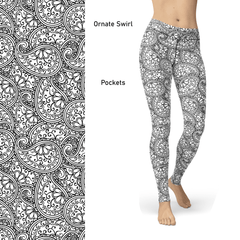 Black White Ornate Paisley Color Book Leggings