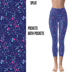 Purple Paint Splat Leggings Capri Length with Pockets