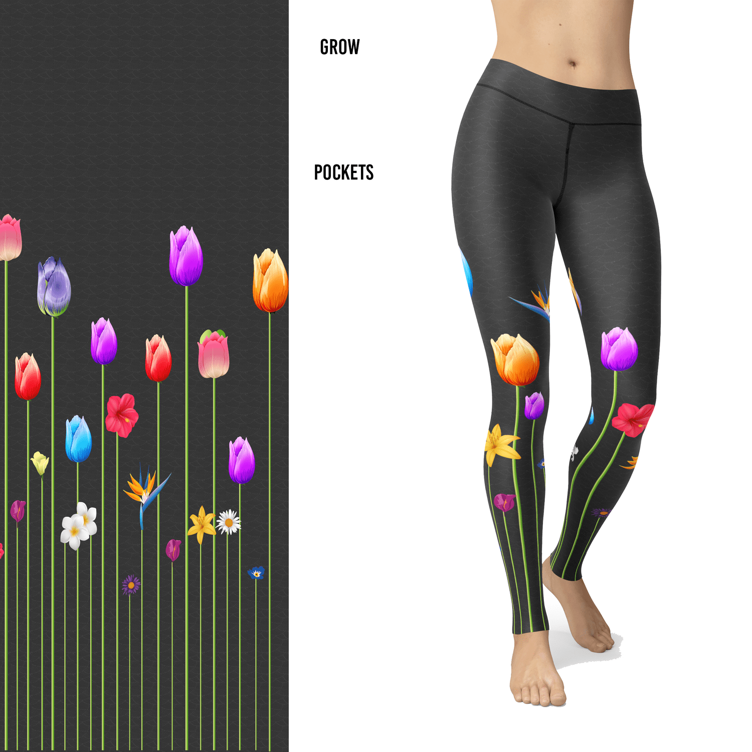 Flower Leggings with Tulips, Daisy, Lilly on a Gray Textured Background with Pocket