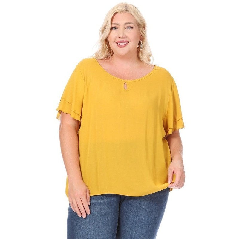 Plus size, short flutter sleeve keyhole blouse.