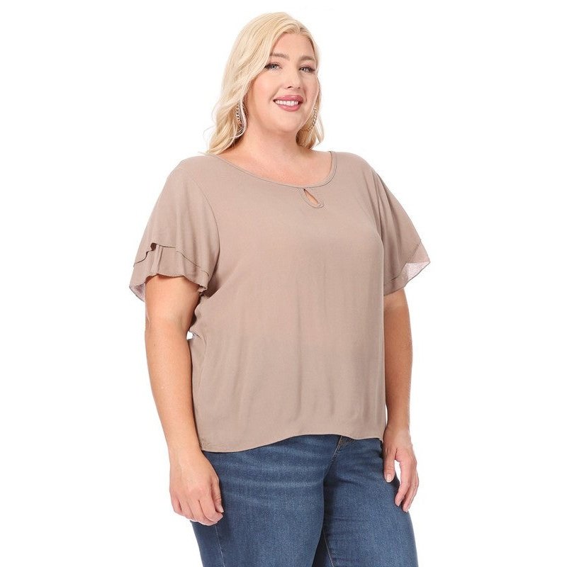 Plus size, short flutter sleeve keyhole blouse.