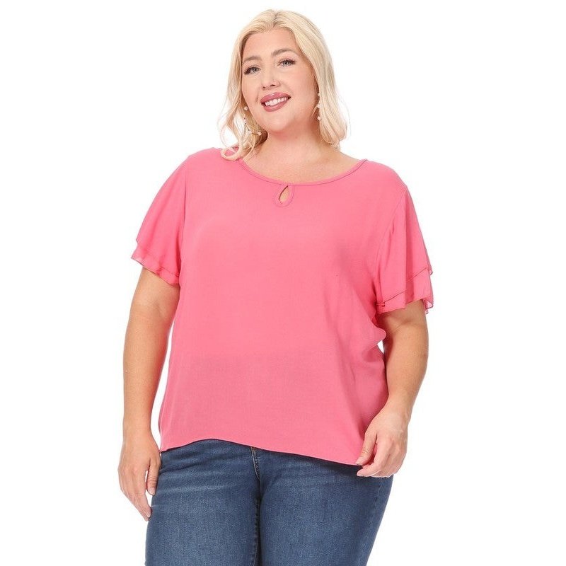 Plus size, short flutter sleeve keyhole blouse.