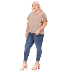 Plus size, short flutter sleeve keyhole blouse.