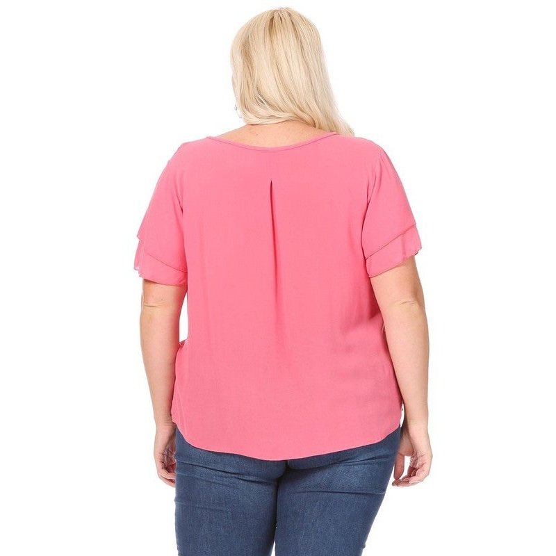 Plus size, short flutter sleeve keyhole blouse.