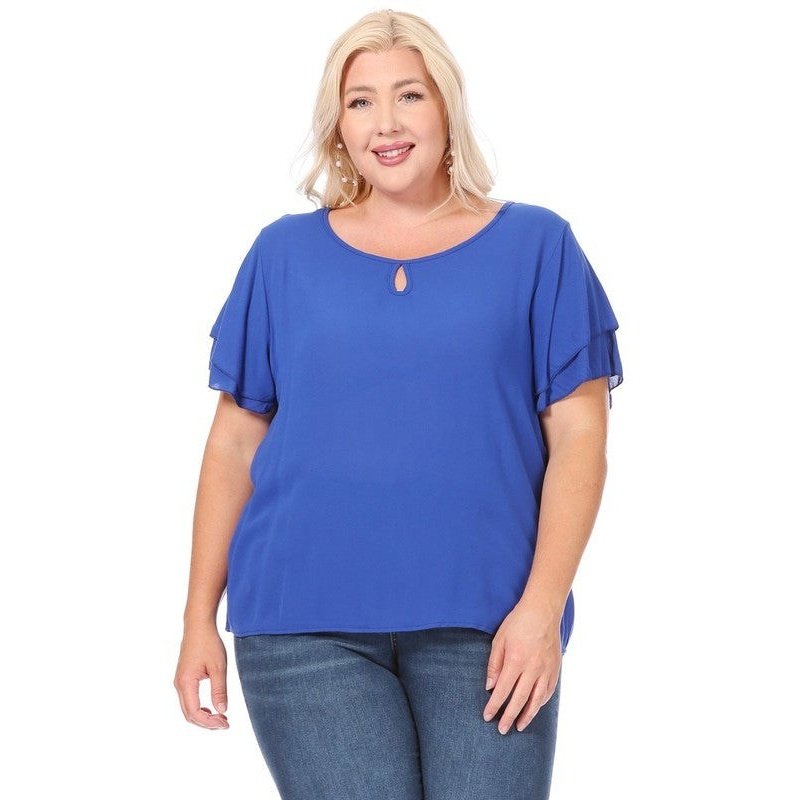 Plus size, short flutter sleeve keyhole blouse.