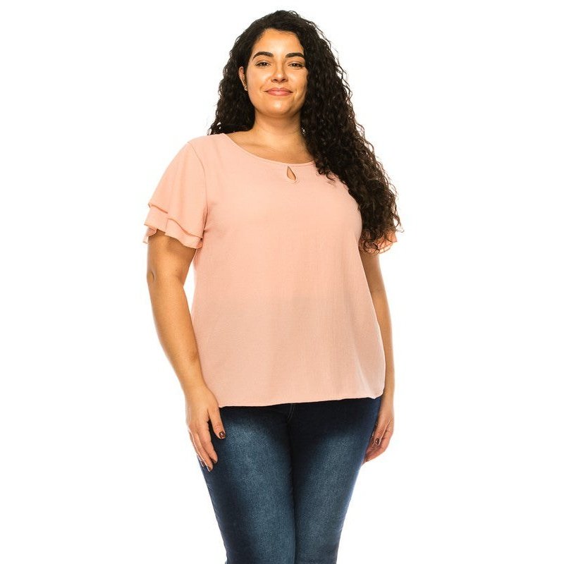 Plus size, short flutter sleeve keyhole blouse.