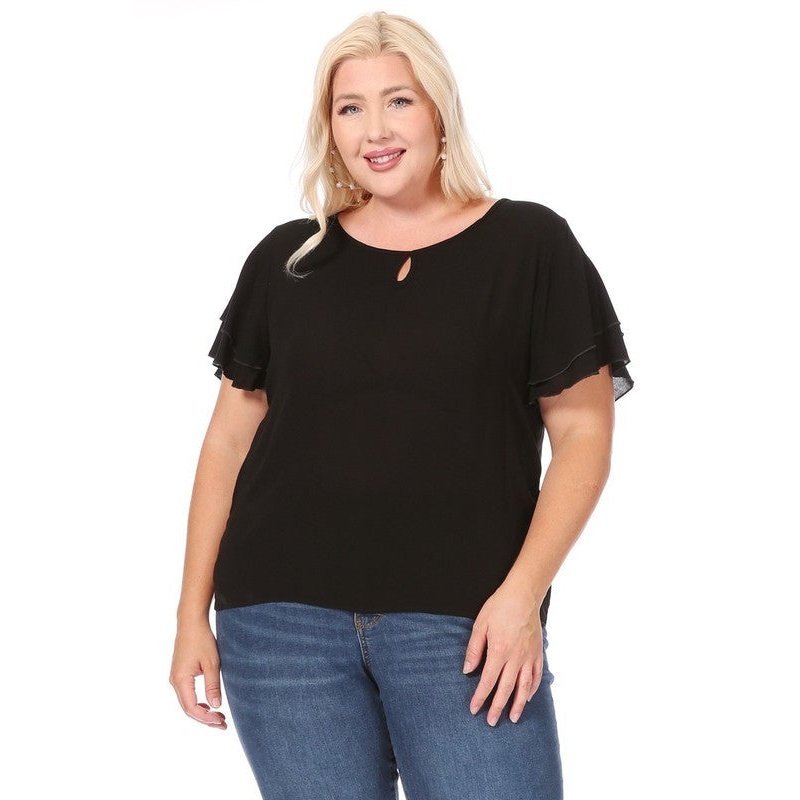 Plus size, short flutter sleeve keyhole blouse.