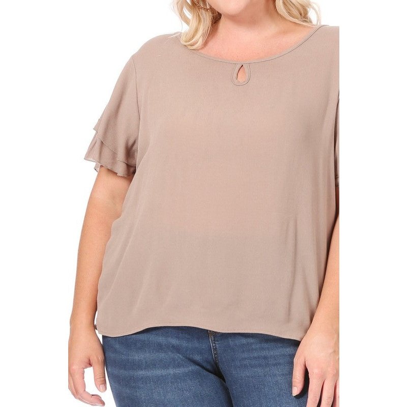 Plus size, short flutter sleeve keyhole blouse.