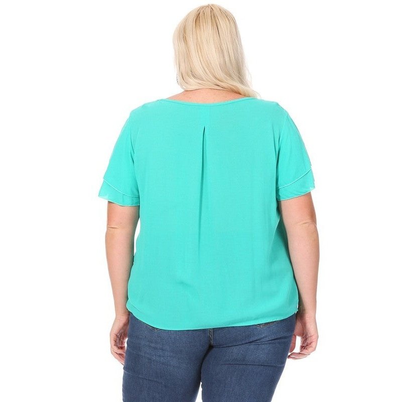 Plus size, short flutter sleeve keyhole blouse.