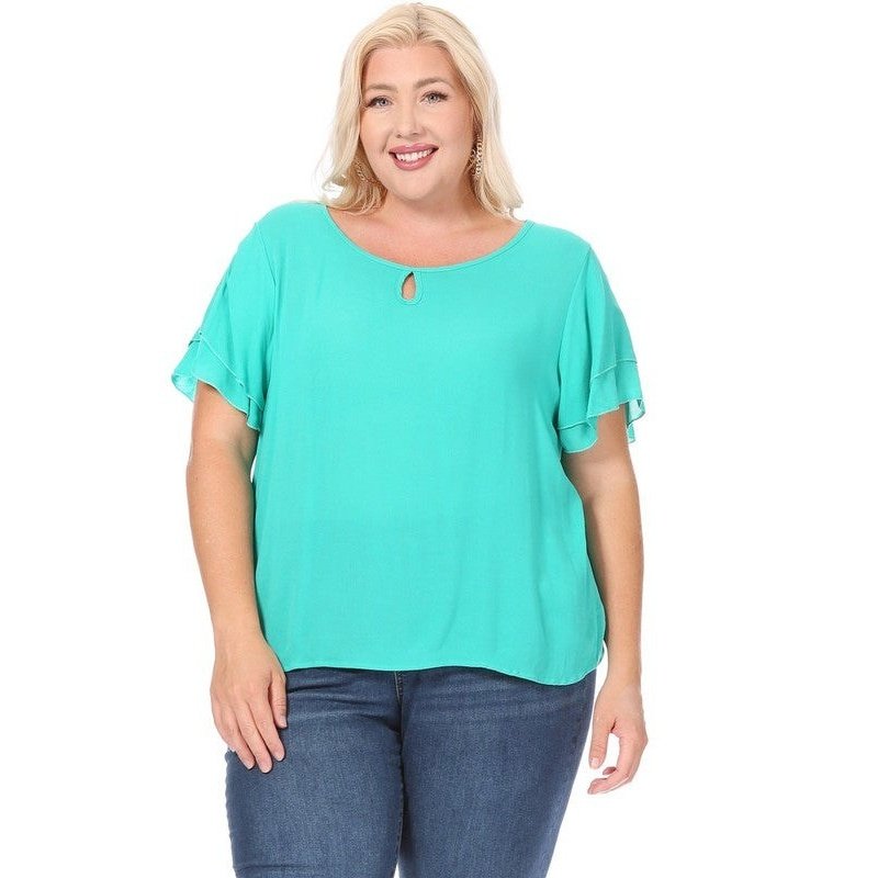 Plus size, short flutter sleeve keyhole blouse.