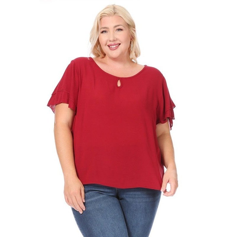 Plus size, short flutter sleeve keyhole blouse.