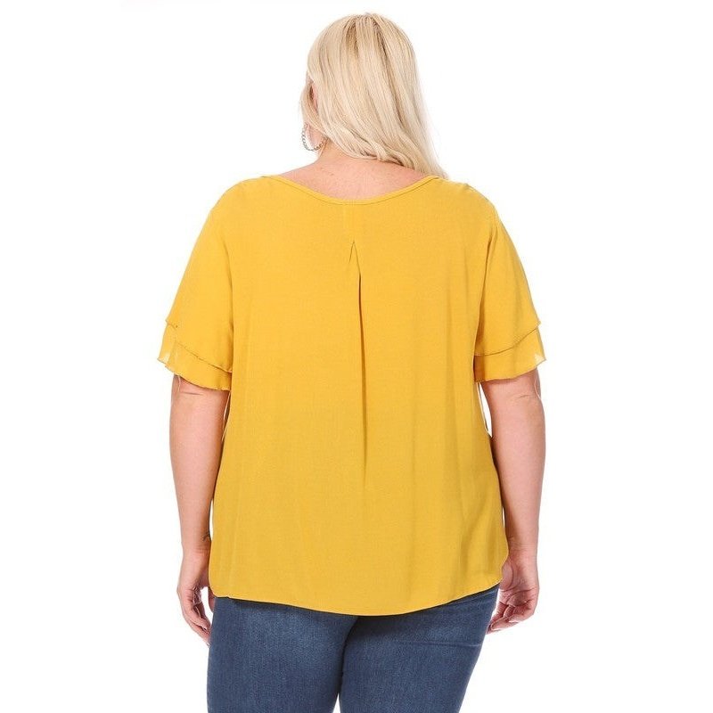 Plus size, short flutter sleeve keyhole blouse.