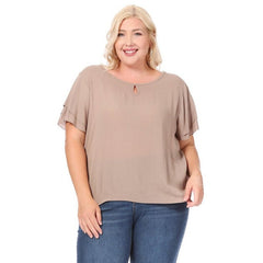 Plus size, short flutter sleeve keyhole blouse.