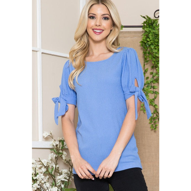 Textured Bow Tie Puff Sleeve Top