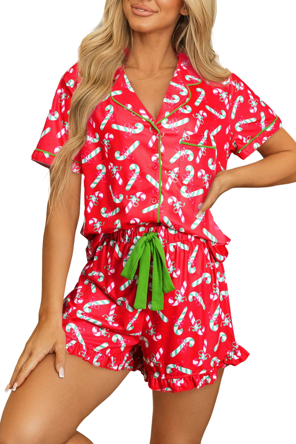 Pink Christmas Candy Cane Print Knotted Pajama Set