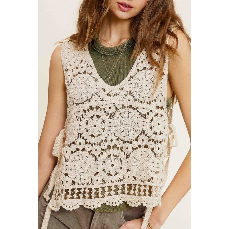 Self Side Tie Detailed Crochet Vest Top