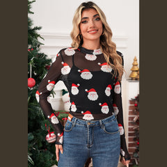 Black Christmas Santa Claus Slim Fit Mesh Long Sleeve Top
