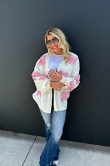 Bow Knit Cardigan - Ivory with Pink Ribbons