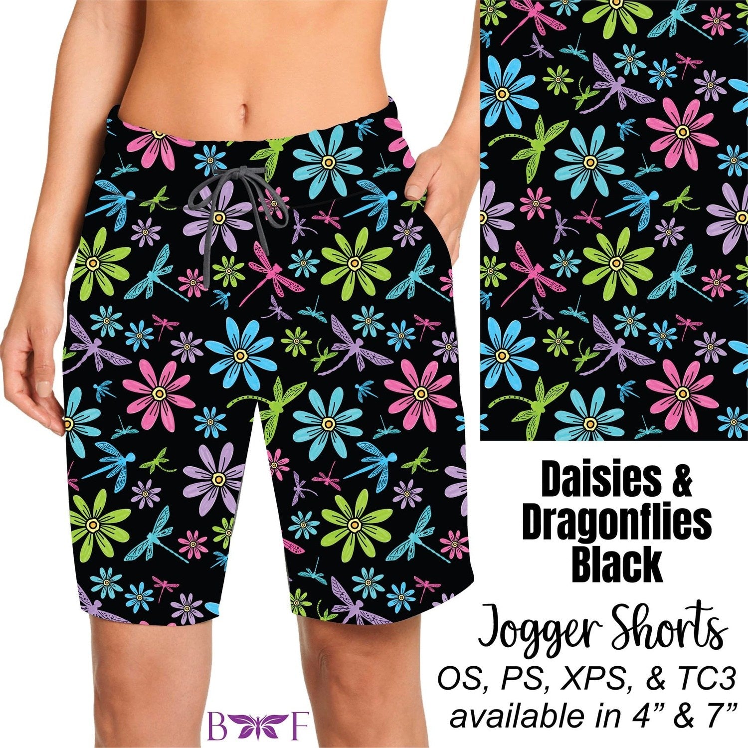 Daisies and Dragonflies Black Leggings with pockets Capris