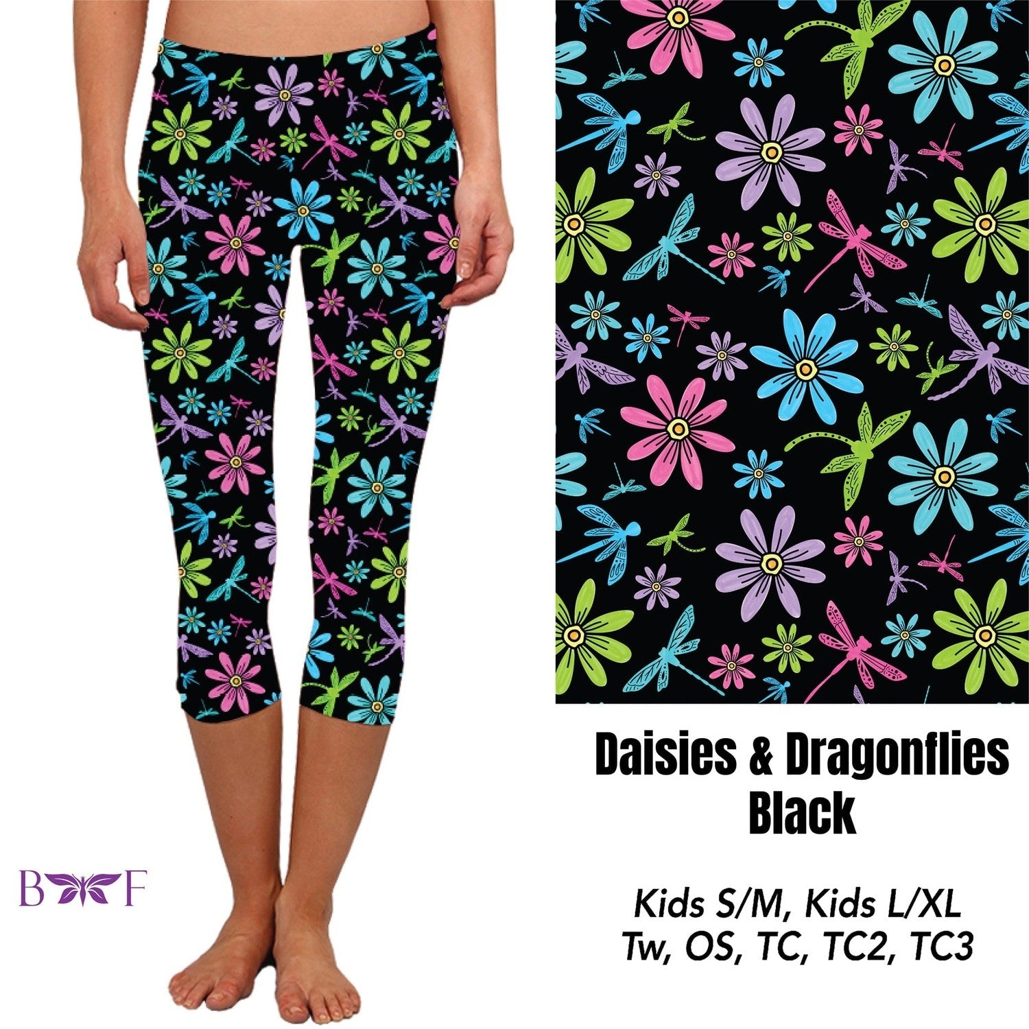 Daisies and Dragonflies Black Leggings with pockets Capris