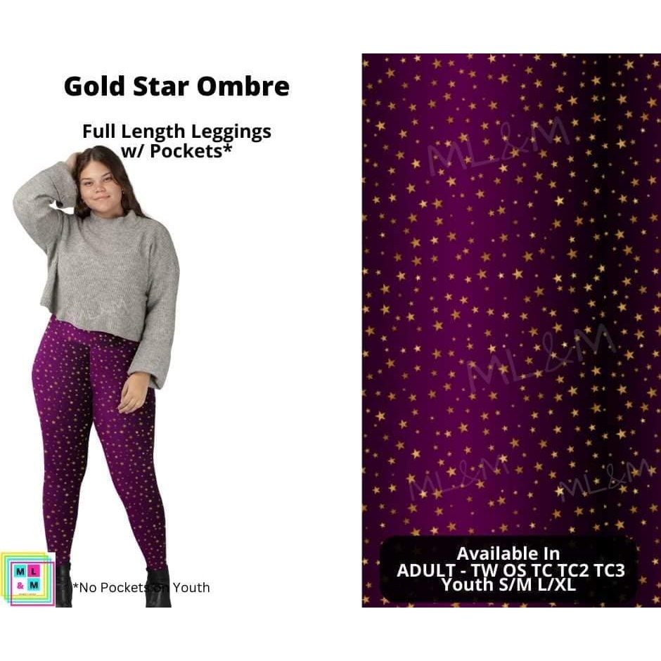 Purple Pink Ombre with Gold Stars Full Length Leggings w/ Pockets
