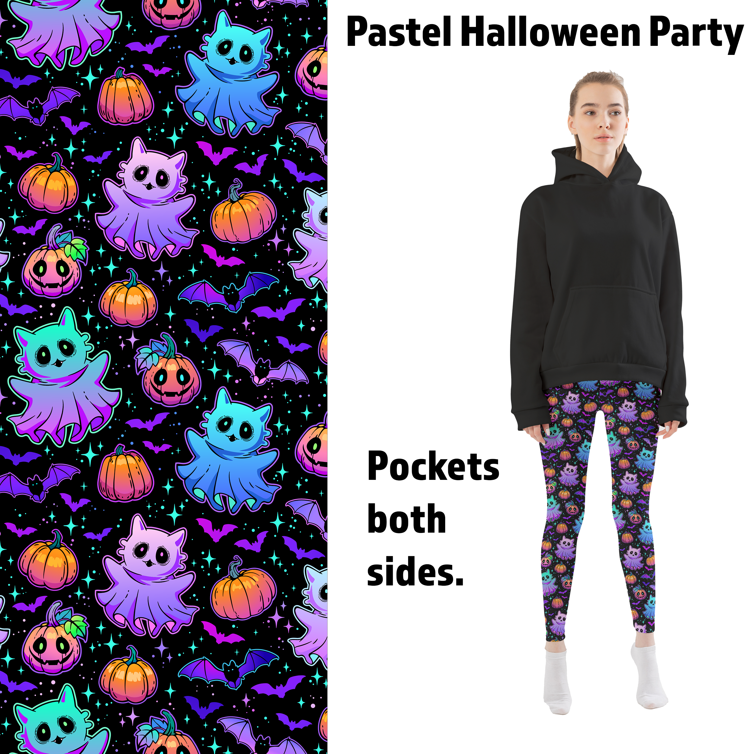 Pre Order Leggings Pastel Halloween Party Cats, Ghosts, and Bats with Pockets ETA 8/30/24