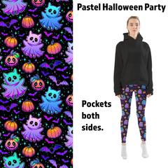 Pre Order Leggings Pastel Halloween Party Cats, Ghosts, and Bats with Pockets ETA 8/30/24