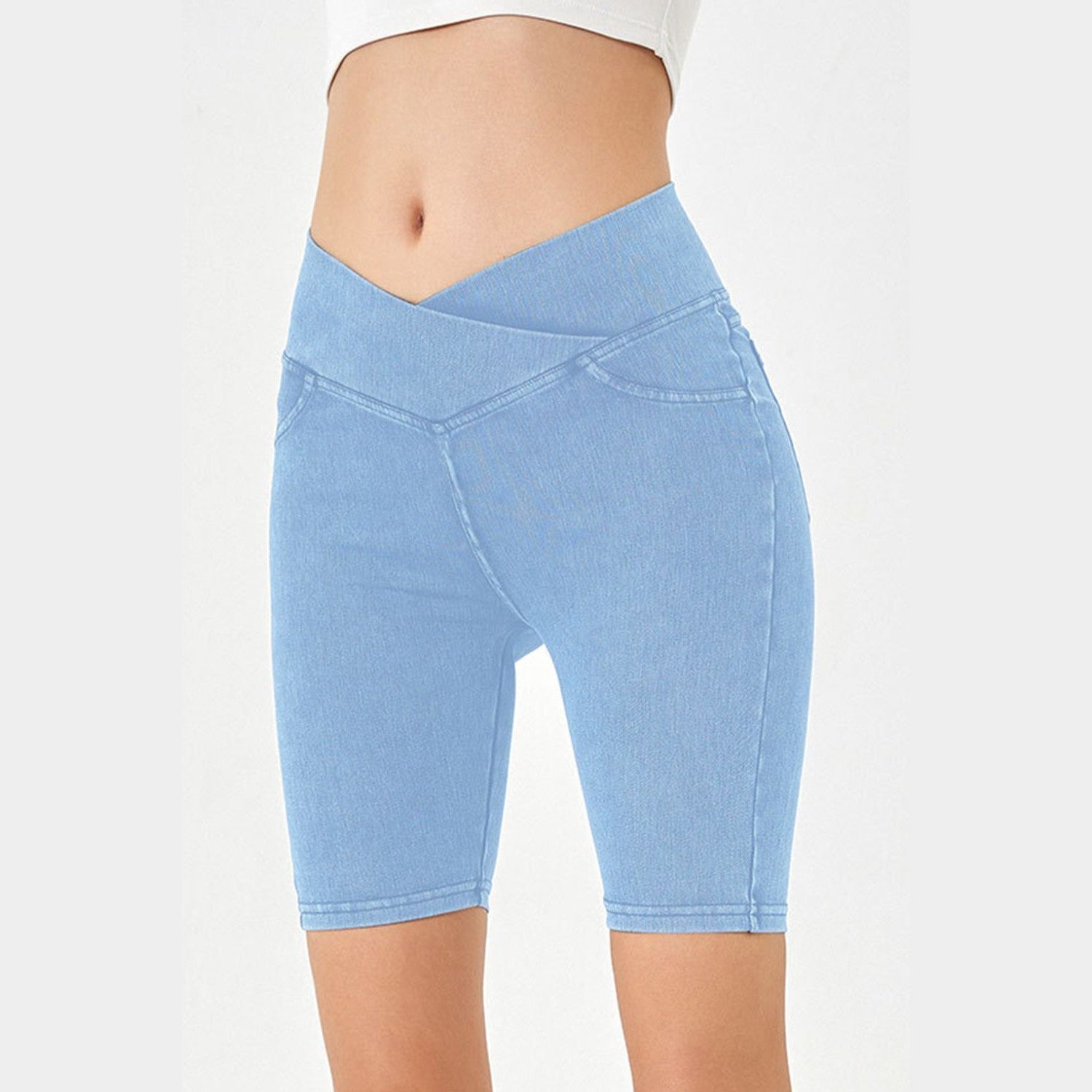 Basic Bae Asymmetrical Waist Denim Shorts with Pockets