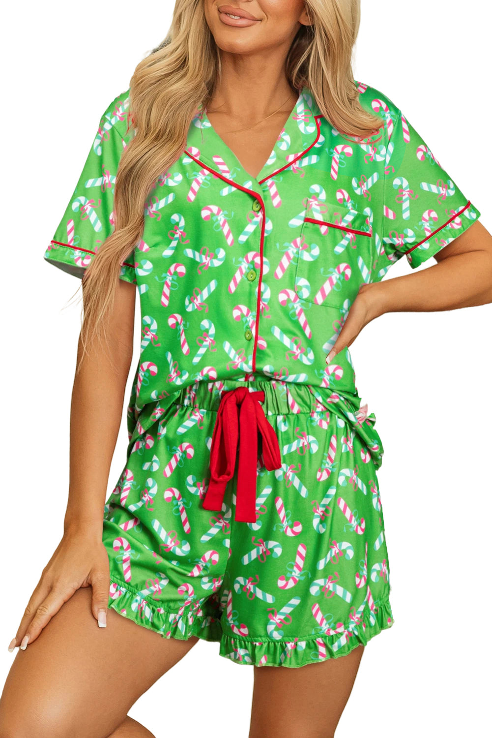 Pink Christmas Candy Cane Print Knotted Pajama Set