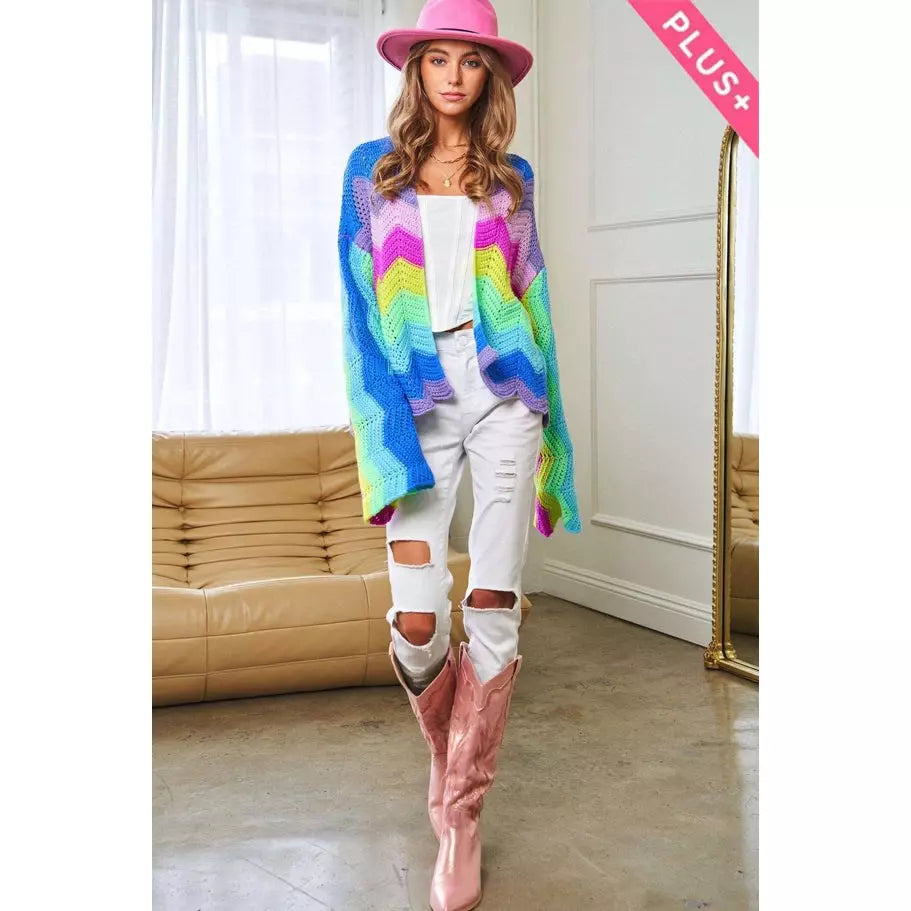 Rainbow Multi Color Wavy Knit Sweater Cardigan S-3X