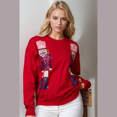 Double Take Full Size Nutcracker Sequin Long Sleeve Sweater