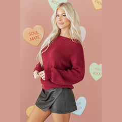 Red Dahlia Ribbed Knit Ribbon Knot Backless Drop Shoulder Sweater