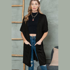 Black Dolman Half Sleeve Pocketed Long Cardigan