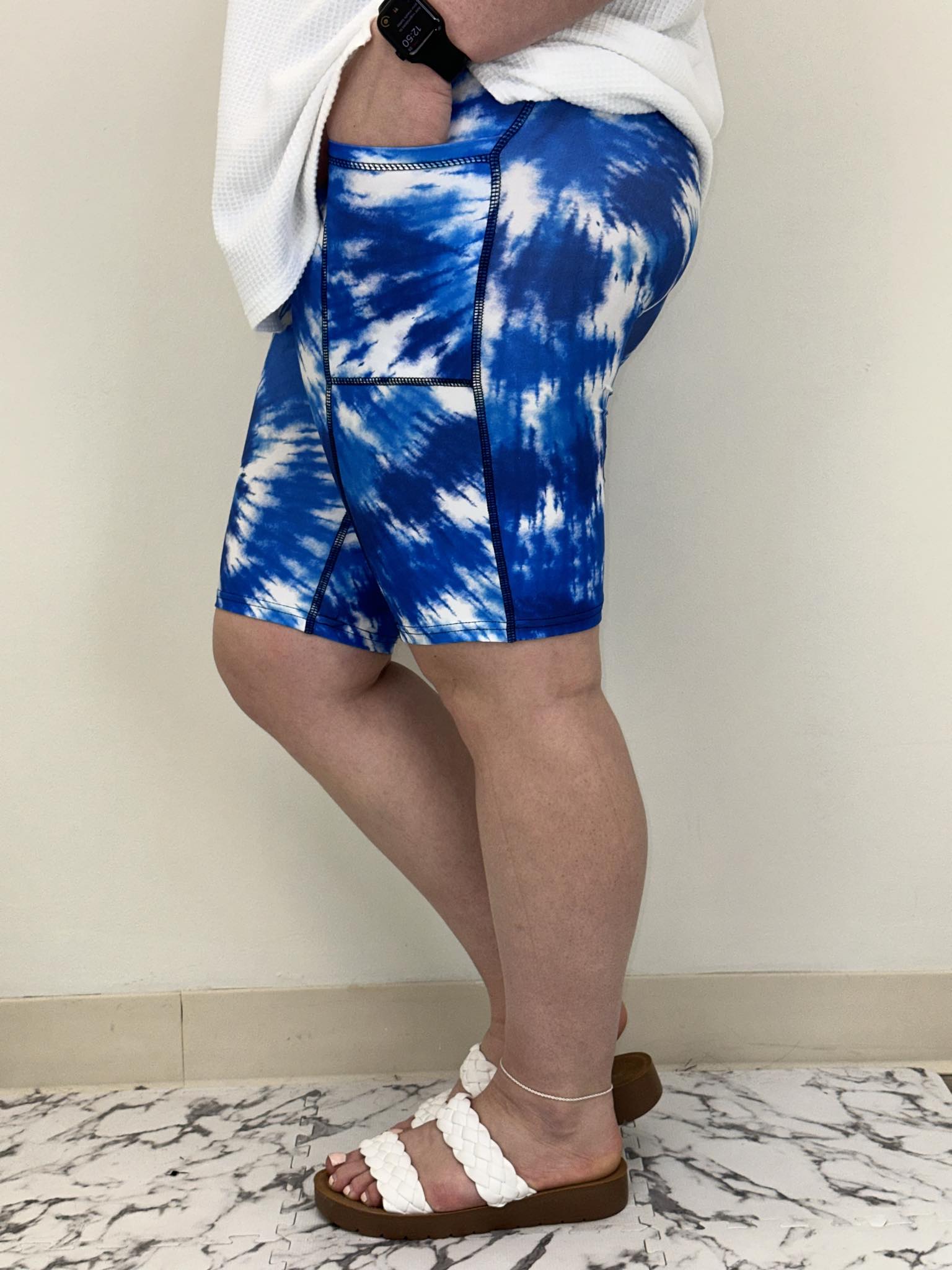 Blue Tie Dye Bike Shorts with Pockets