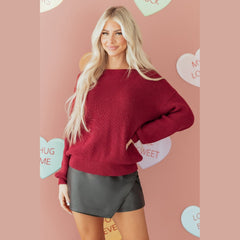 Red Dahlia Ribbed Knit Ribbon Knot Backless Drop Shoulder Sweater