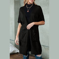 Black Dolman Half Sleeve Pocketed Long Cardigan