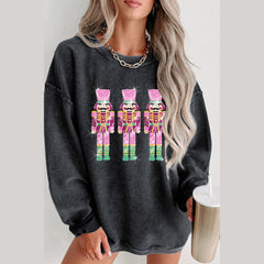 Black Nutcracker Graphic Sequins Patch Mineral Wash Corded Sweatshirt