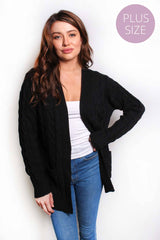 Women's Plus Long Sleeves Open Front Double Pocket Cable Knit Cardigan