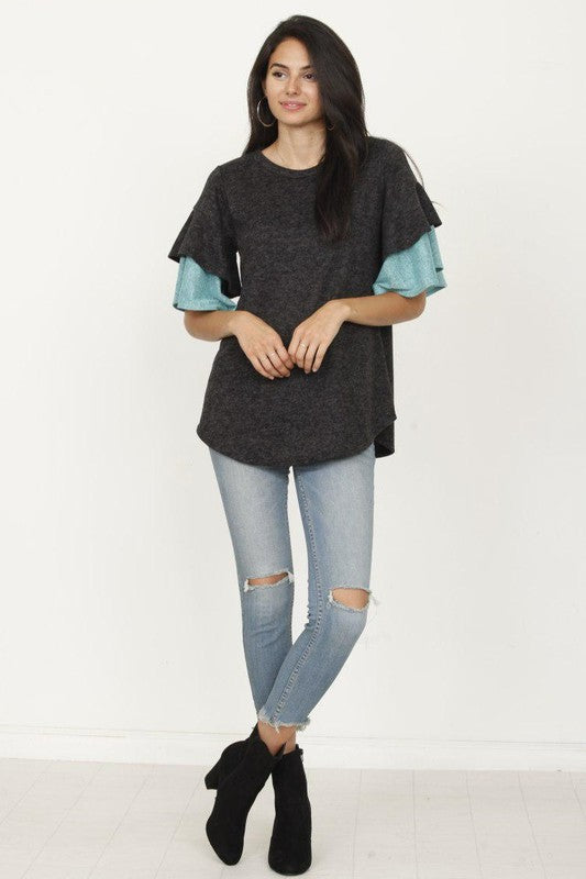 Color Block Sleeve Ruffle Knit Top