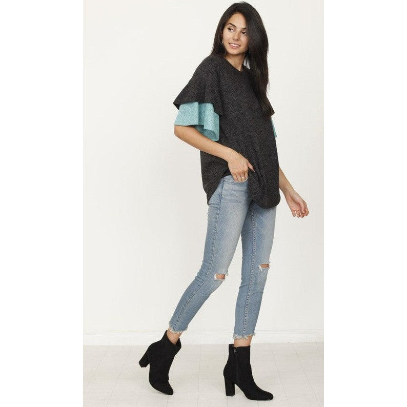 Plus Color Block Sleeve Ruffle Knit Top