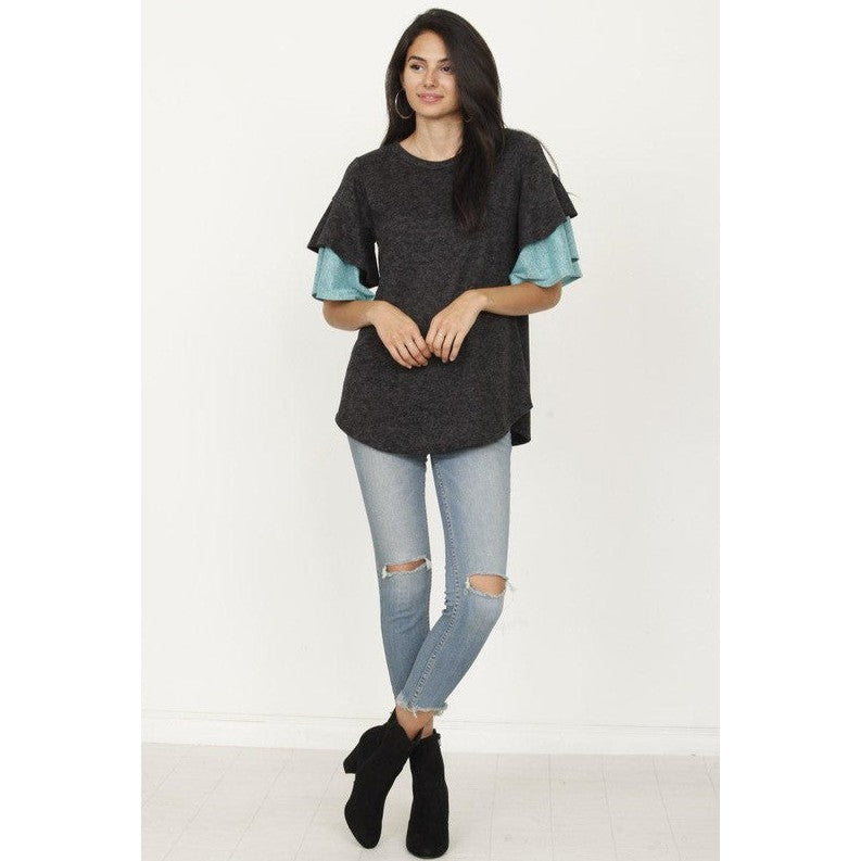 Plus Color Block Sleeve Ruffle Knit Top