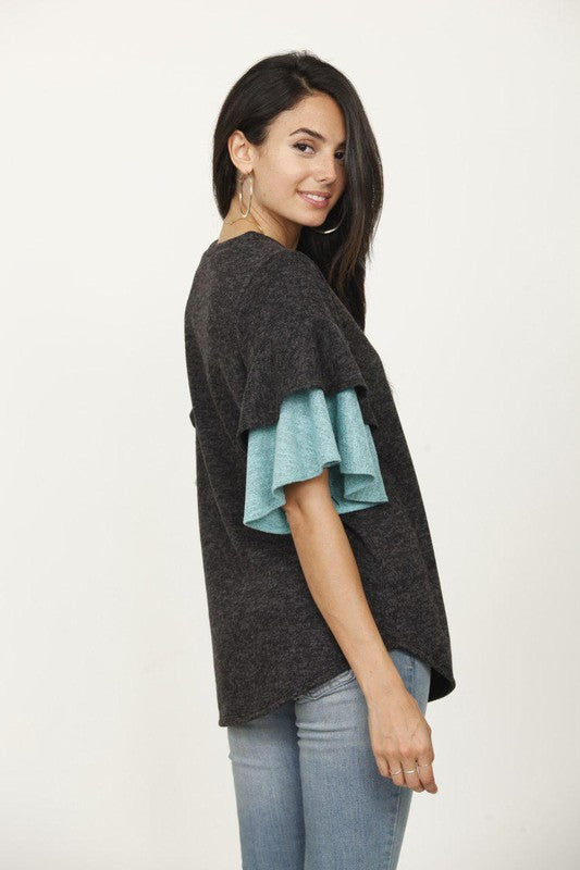 Plus Color Block Sleeve Ruffle Knit Top