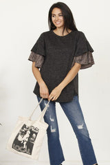Color Block Sleeve Ruffle Knit Top