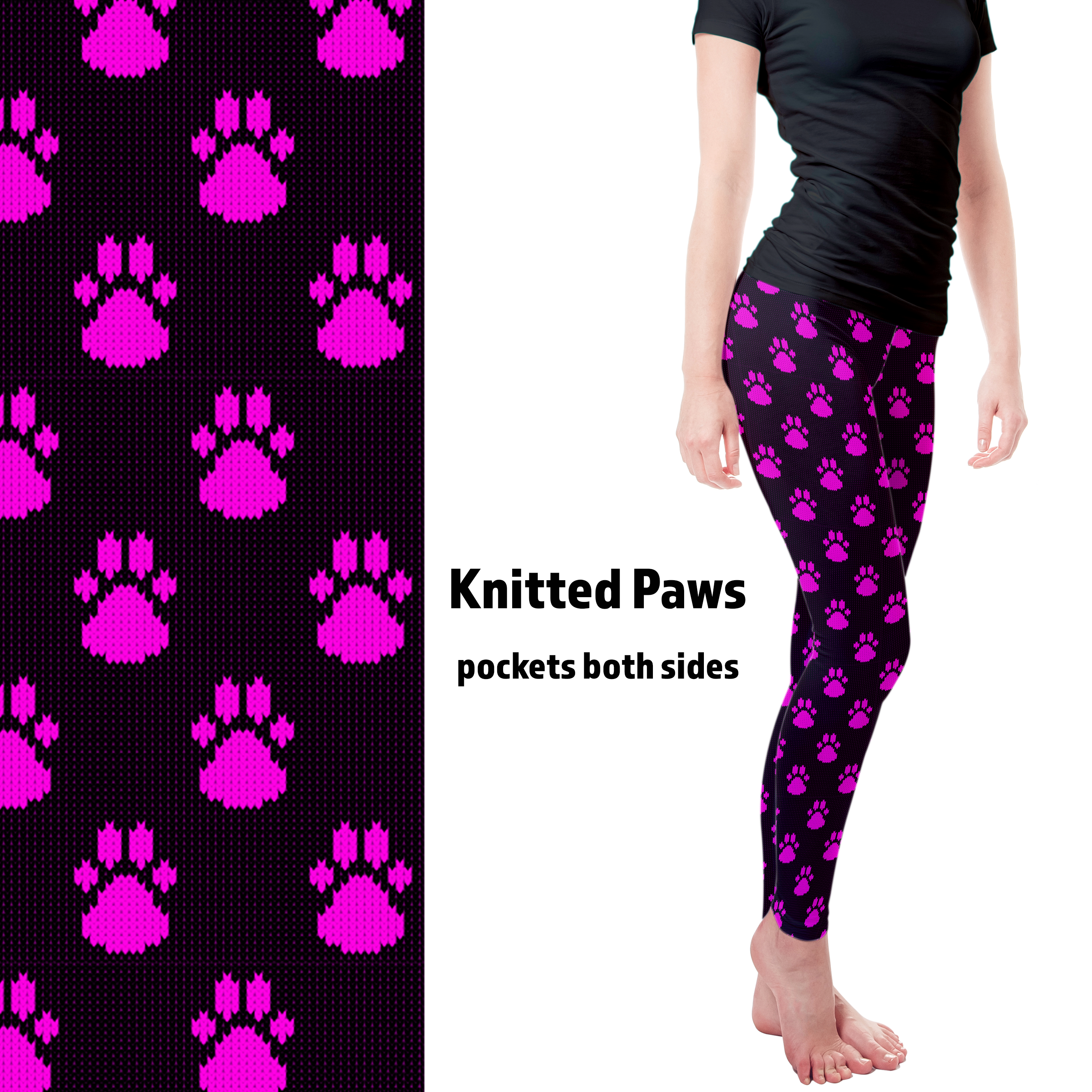 Knitted Paws Teal or Pink Leggings with Pockets