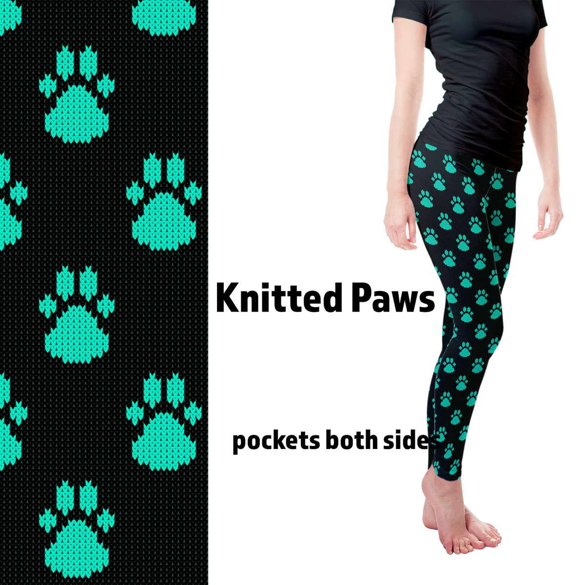 Knitted Paws Teal or Pink Leggings with Pockets