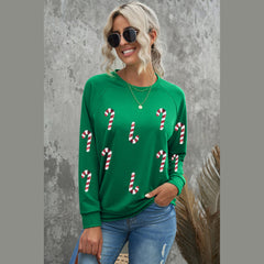 Green Christmas Candy Cane Graphic Sequins Patch Pullover Sweatshirt
