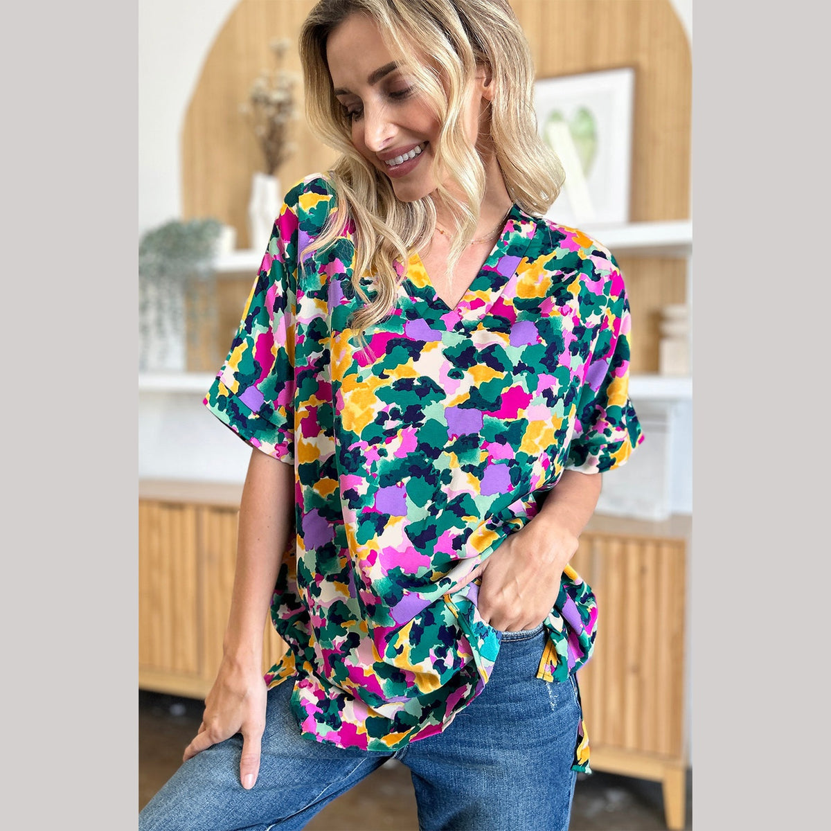 Double Take Full Size Printed V-Neck Short Sleeve Blouse