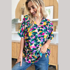 Double Take Full Size Printed V-Neck Short Sleeve Blouse