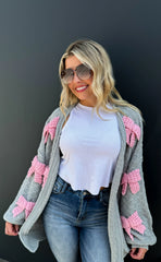 Bow Knit Cardigan - Grey with Pink Ribbons`