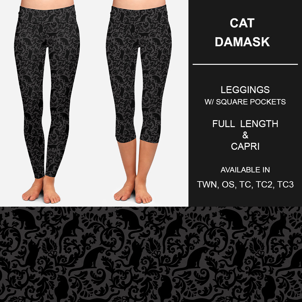 Black Cat Damask Leggings with Pockets